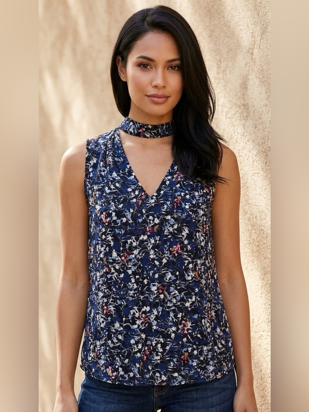 White House Black Market Navy Floral Sleeveless Choker Tank size 12